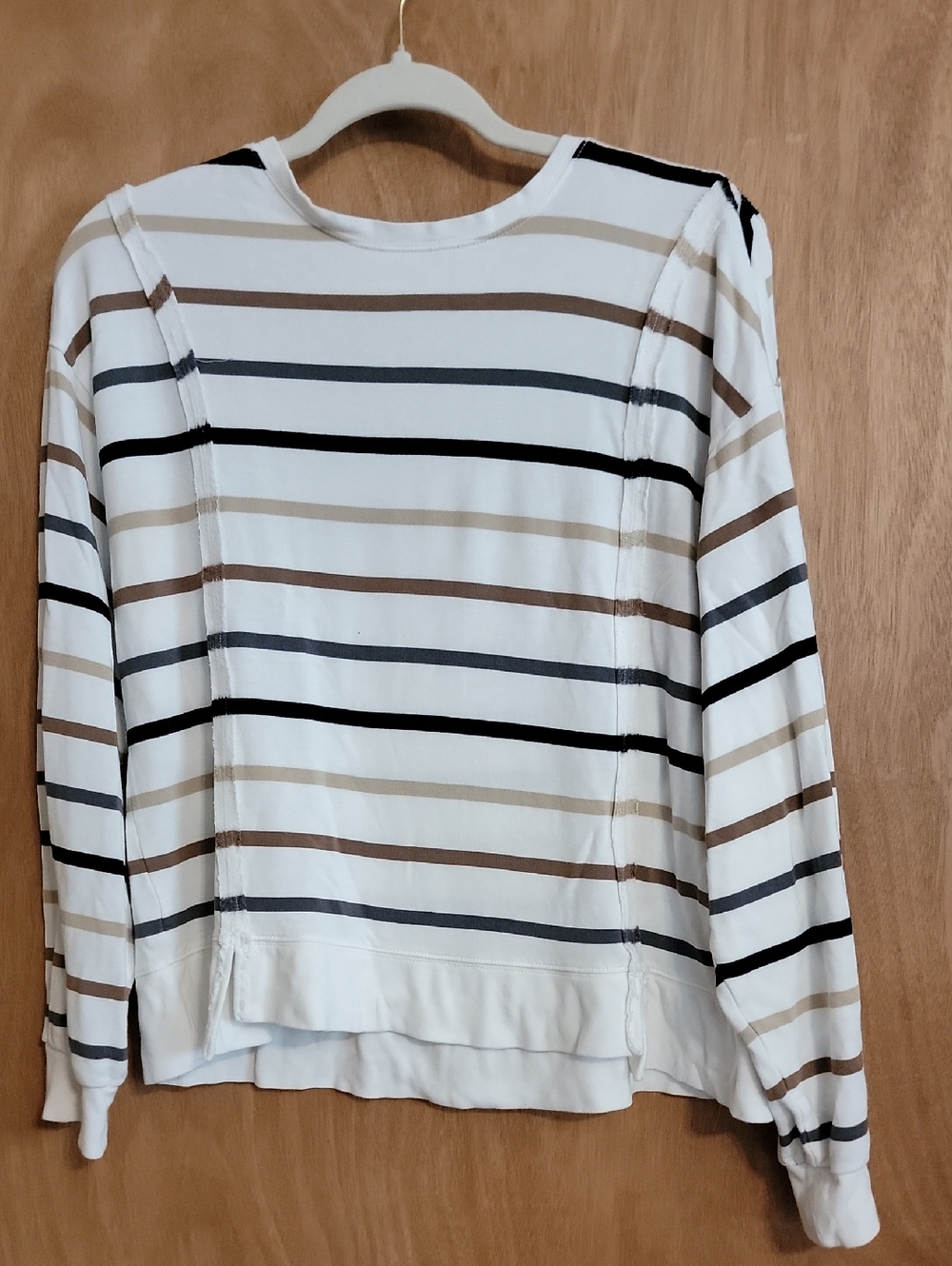 Thread & Supply White Long-Sleeve Tee with Black, Brown and Tan Stripes